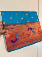 Pure Silk paithani Morpoppat Peacock border Brocade.