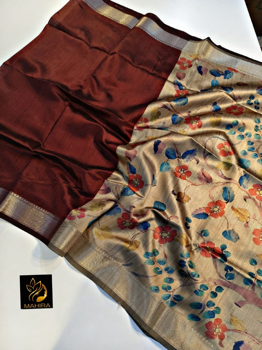 TUSSAR saree with zari border and  Kalamkari styled pallu and blouse.