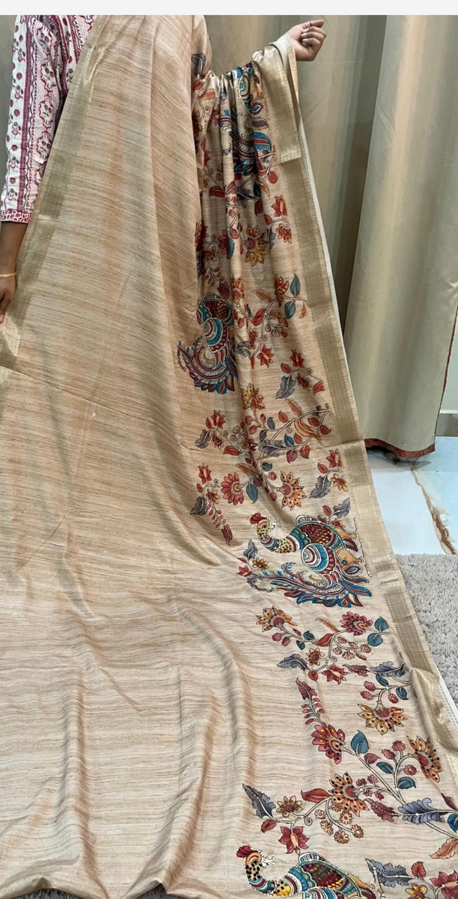 Tussar silk pretty kalmkari applique designs