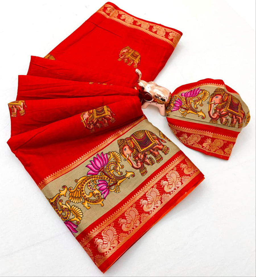 Soft silk with elephant prints(tanjore paint model)