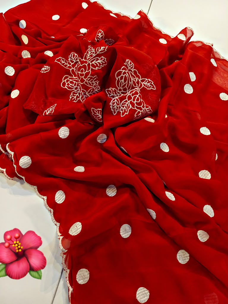 red polka dot saree