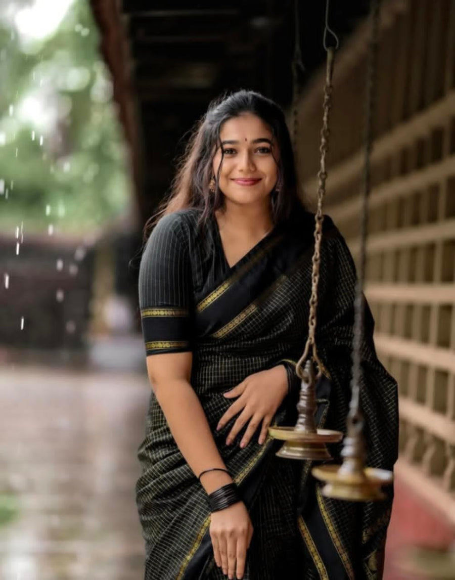 Arani Cotton Saree — Black color with Jari Pallu