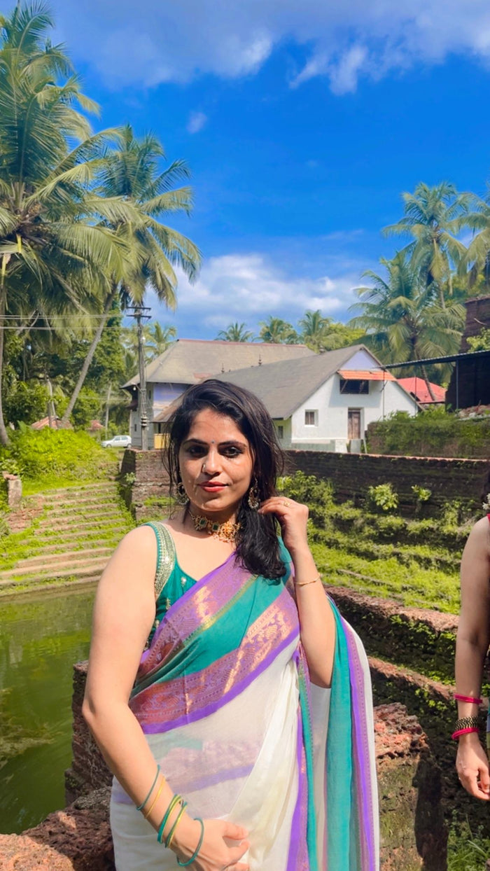 Customer wearing Lotus print Mul cotton