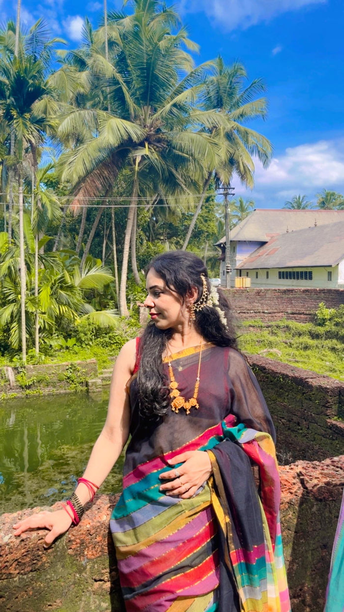 Customer wearing Hand block printed cotton mul saree with blouse.