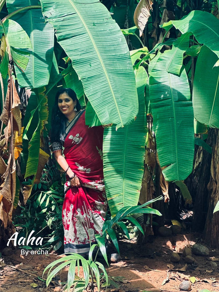 Customer wearing Soft Mul Cotton Saree — Black with Red Kalamkari Pallu